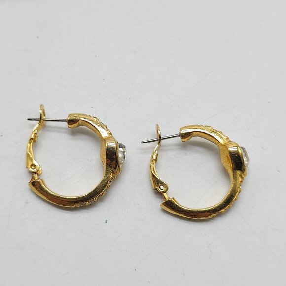 Vintage Gold Tone Crystal Heart Hoop Earrings French Back Pierced 1980-90s - Picture 3 of 4